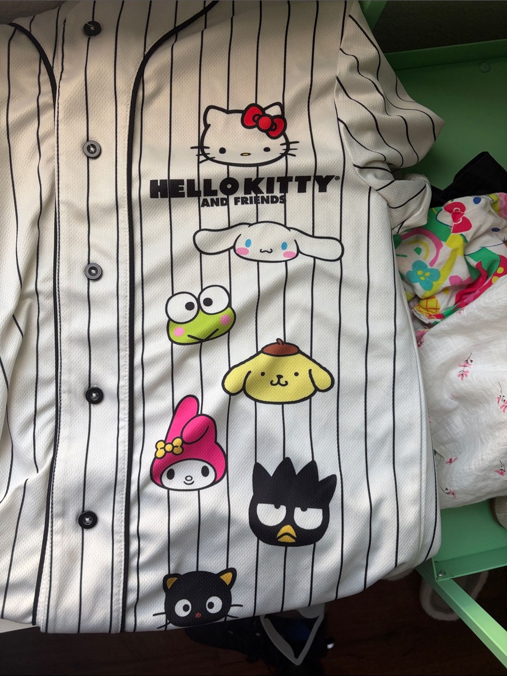 Hello Kitty White Pinstripe Baseball Jersey with Multicolor Character Prints